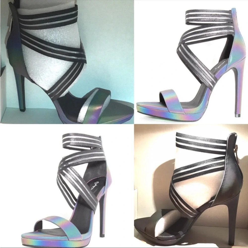 Dark Grey Reflective Vegan Leather Ankle Strap High Heel Sandals